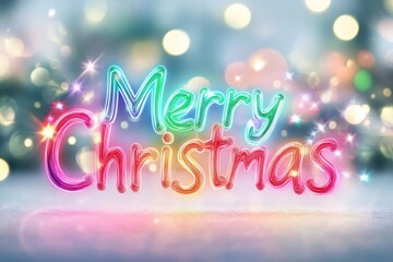 Festive neon merry christmas sign with holiday lights and pine branches