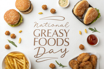 National Greasy Foods Day Poster with Fast Foods on White Background