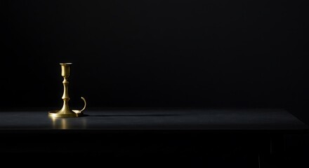 A single brass candlestick sits on a dark table against a black background.