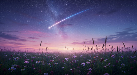 A breathtaking view of a shooting star above a colorful twilight meadow.