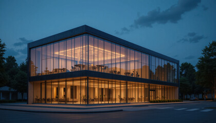 Fototapeta premium Modern, glass walled building glows warmly in evening light, showcasing its sleek architectural design. structure features large windows and minimalist style, surrounded by trees and quiet street