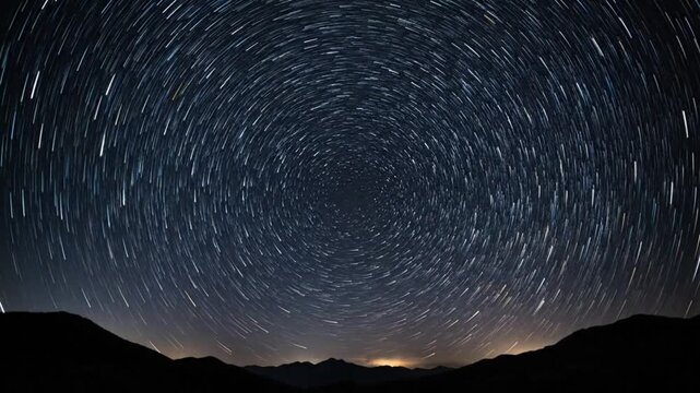 Mesmerizing star trails create a swirling vortex across the night sky over silhouetted mountains.