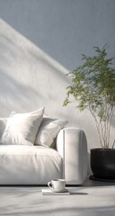 Minimalist white couch, plant, and coffee