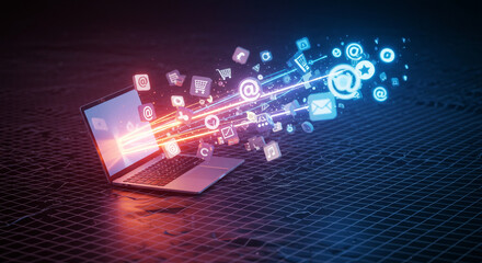 Laptop with Digital Information Flowing Out.