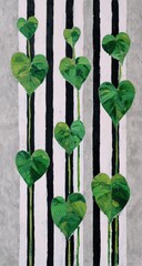 Heart-shaped leaves on vertical black and white stripes