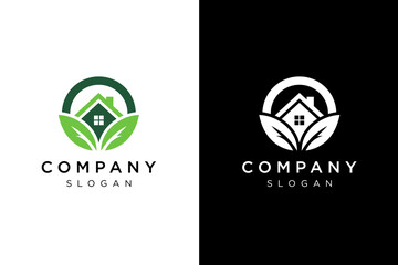 logo design of a house and leaves in a circle