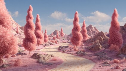 Pink, fluffy trees line a path through a pastel landscape