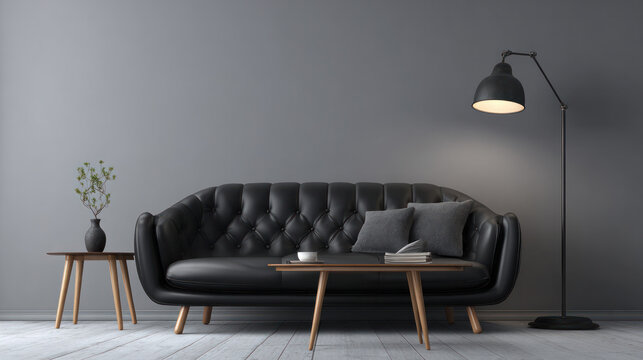 3D coffee table, floor light, and soft black modern sofa. Pictures of guest room furnishings that are realistic in order to convey the ideas of relaxation, comfort, and waiting. within a room. The vec