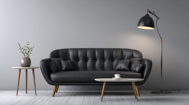 3D coffee table, floor light, and soft black modern sofa. Pictures of guest room furnishings that are realistic in order to convey the ideas of relaxation, comfort, and waiting. within a room. The vec