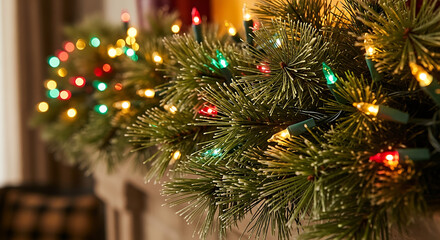 A festive evergreen garland with glowing multi-colored string lights decorates a fireplace mantel for the holidays.