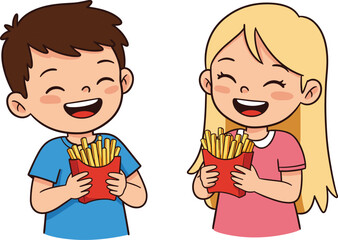 Happy cartoon kids eating French fries, smiling boy and girl holding fast food snack in cute vector illustration of children.