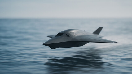 Fototapeta premium A stealthy drone aircraft soars gracefully over tranquil waters, a testament to innovation and modern technology. Its sleek design and silent operation hint at the power of the unmanned vehicle.