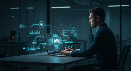 Man working on laptop with API interface in dark office.