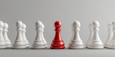 A single red pawn stands out from a line of white pawns