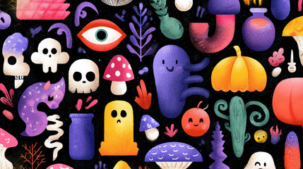 Obraz premium a variety of wacky Halloween symbols depicted in vibrant images that capture fun and eerie themes for seasonal designs.