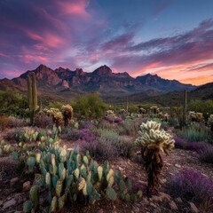 Colorful desert sunset over mountains with cacti and wildflowers