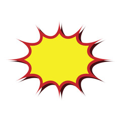 Yellow comic starburst bubble with red outline, blank pop art explosion shape, retro cartoon blast frame for text, comic speech design element on white background