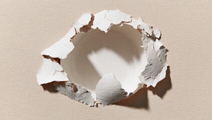A hole punched through a light beige surface, revealing a white interior, with ragged edges