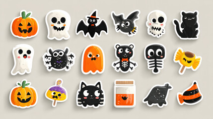 Fototapeta premium An extensive collection of Happy Halloween stickers. Pumpkin head, black cat, skeleton, ghost, eyeballs, bat, Halloween candy, and a set of mascots. Trick or treat on Halloween. Flat-style vector illu