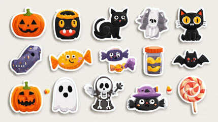 An extensive collection of Happy Halloween stickers. Pumpkin head, black cat, skeleton, ghost, eyeballs, bat, Halloween candy, and a set of mascots. Trick or treat on Halloween. Flat-style vector illu
