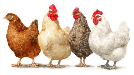 Fototapeta premium Hand-drawn watercolour illustration of a brown hen, red hen, rooster, and white hen