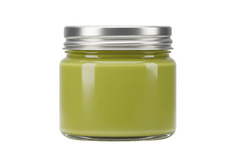 Isolated jar of creamy green spread, marmalade or cosmetic product with silver metal lid
