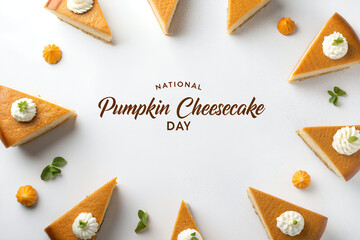 National Pumpkin Cheesecake Day Poster with Cheesecake on White Background