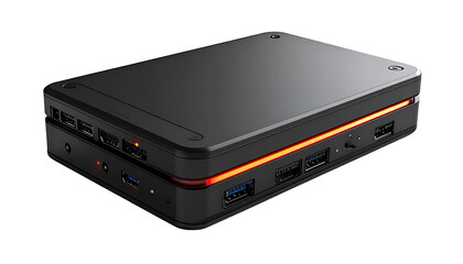 Obraz premium Dark gray computer box with red accents