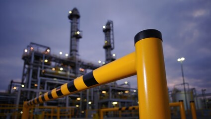 Fototapeta premium Industrial plant at night with yellow and black safety barrier