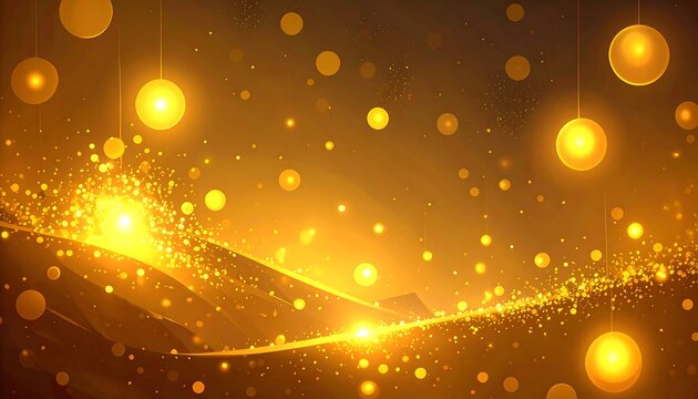 Abstract, golden, sparkling composition with floating orbs and dynamic, flowing light trails. Evokes warmth and elegance