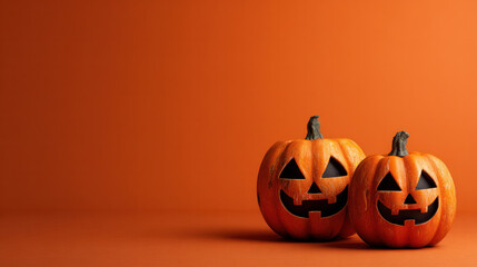 Halloween pumpkins carved into Jack-o'-lantern decorations on an orange backdrop with copy space 