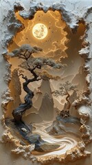 This 3D artwork depicts a serene Japanese-style landscape with intricately detailed trees, rugged mountains, and a flowing river. The scene is framed by a textured border, giving it a carved appearanc