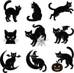 Halloween Black Cat Silhouette Vector Set