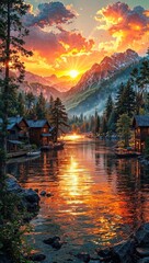 Fototapeta premium A serene sunset over a lake, surrounded by majestic mountains and cozy wooden houses on the shore. The sky is painted in vibrant hues of orange, pink, and purple, reflecting beautifully on the calm wa