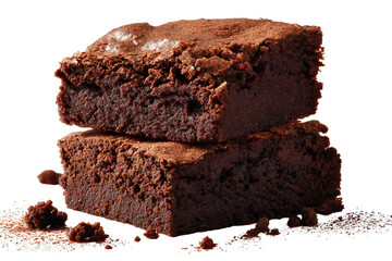 Fresh homemade chocolate brownies stacked dessert, rich fudgy baked cake squares, close up view, isolated on white background