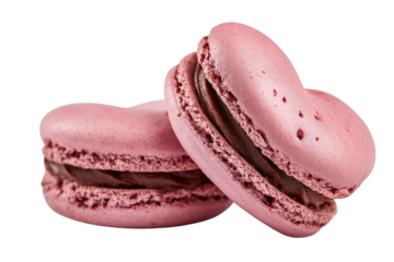 Pink heart shaped macarons with chocolate cream filling, romantic French cookies for Valentine dessert, sweet love pastry treat, isolated on white background