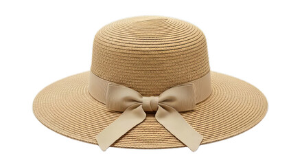 Elegant wide-brimmed straw sun hat with a delicate beige ribbon and bow. Classic summer fashion accessory for women, isolated on a clean white background