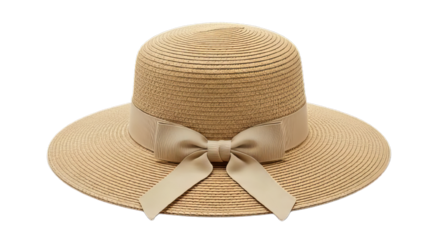 Elegant wide-brimmed straw sun hat with a delicate beige ribbon and bow. Classic summer fashion accessory for women, isolated on a clean white background