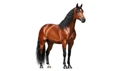 Fototapeta premium Magnificent brown horse with a lustrous black mane and tail, captured in a pristine studio setting, highlighting its powerful and elegant equine form and spirited beauty