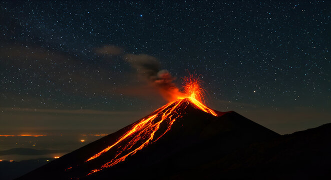 A dramatic night view of an active volcano erupting with glowing lava streams under a mesmerizing star-filled sky. - Powered by Adobe