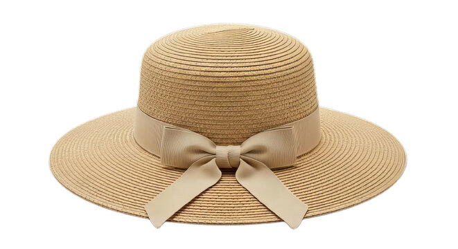 Elegant wide-brimmed straw sun hat with a delicate beige ribbon and bow. Classic summer fashion accessory for women, isolated on a clean white background - Powered by Adobe