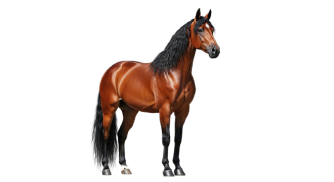 Magnificent brown horse with a lustrous black mane and tail, captured in a pristine studio setting, highlighting its powerful and elegant equine form and spirited beauty