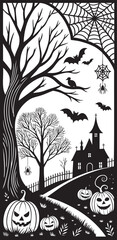 Halloween Haunted House Vector with Pumpkins, Bats and Spiders