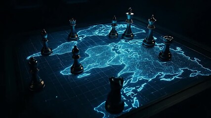 Global Geopolitical Strategy: Chess Pieces on Illuminated Digital World Map. International Relations and Power Dynamics. - Powered by Adobe