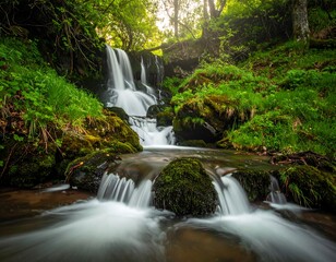 Obraz premium Lush waterfall cascading over mossy rocks