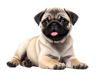 Cute Baby Pug Lying on Side, Playful Pose, Side Angle, isolated on transparent background.