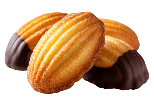 French madeleine cookies with chocolate dipped shell shaped sponge cakes, golden brown baked dessert pastry, isolated on white background