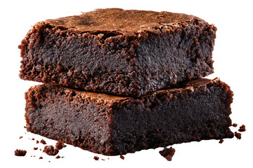 Fresh homemade chocolate brownies stacked dessert, rich fudgy baked cake squares, close up view, isolated on white background