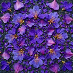 Purple flower petals arranged in a mandala pattern on dark gray gravel