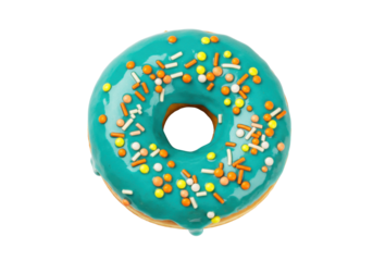 Isolated donut with teal icing and bright colorful candy sprinkles, yummy dessert treat